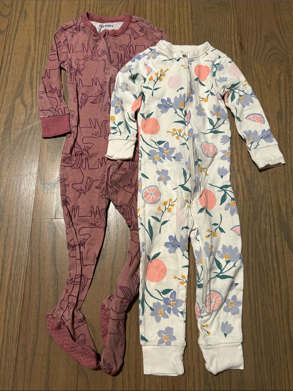 Old Navy Pink Unicorn & White Peach Floral Zip Footie Pajama: Set of 2